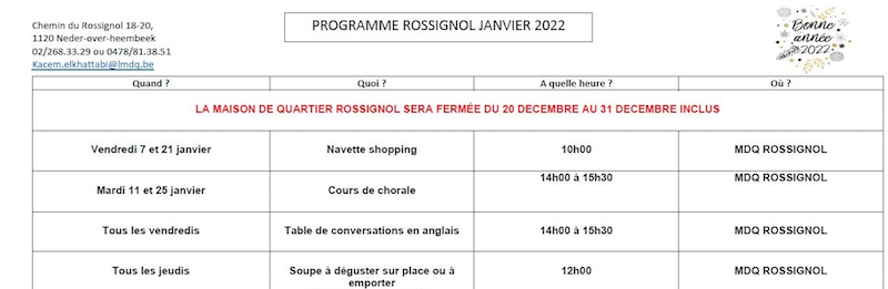 Programme du Rossignol pour janvier 2022